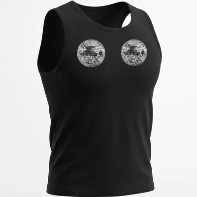 Vector illustration of a cute disco ball in silver, black, and white — printed on a tank top