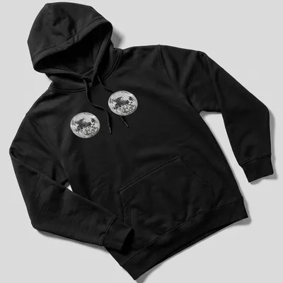 Vector illustration of a cute disco ball in silver, black, and white — printed on a unisex hoodie