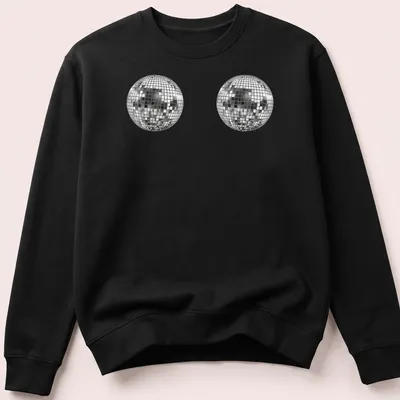 Vector illustration of a cute disco ball in silver, black, and white — printed on a unisex sweatshirt