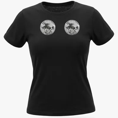Vector illustration of a cute disco ball in silver, black, and white — printed on a women's shirt