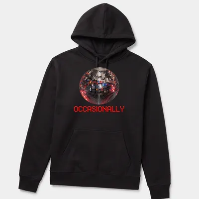Glossy disco ball illustration with the text 'OCCASIONALLY' in a playful font — printed on a unisex hoodie