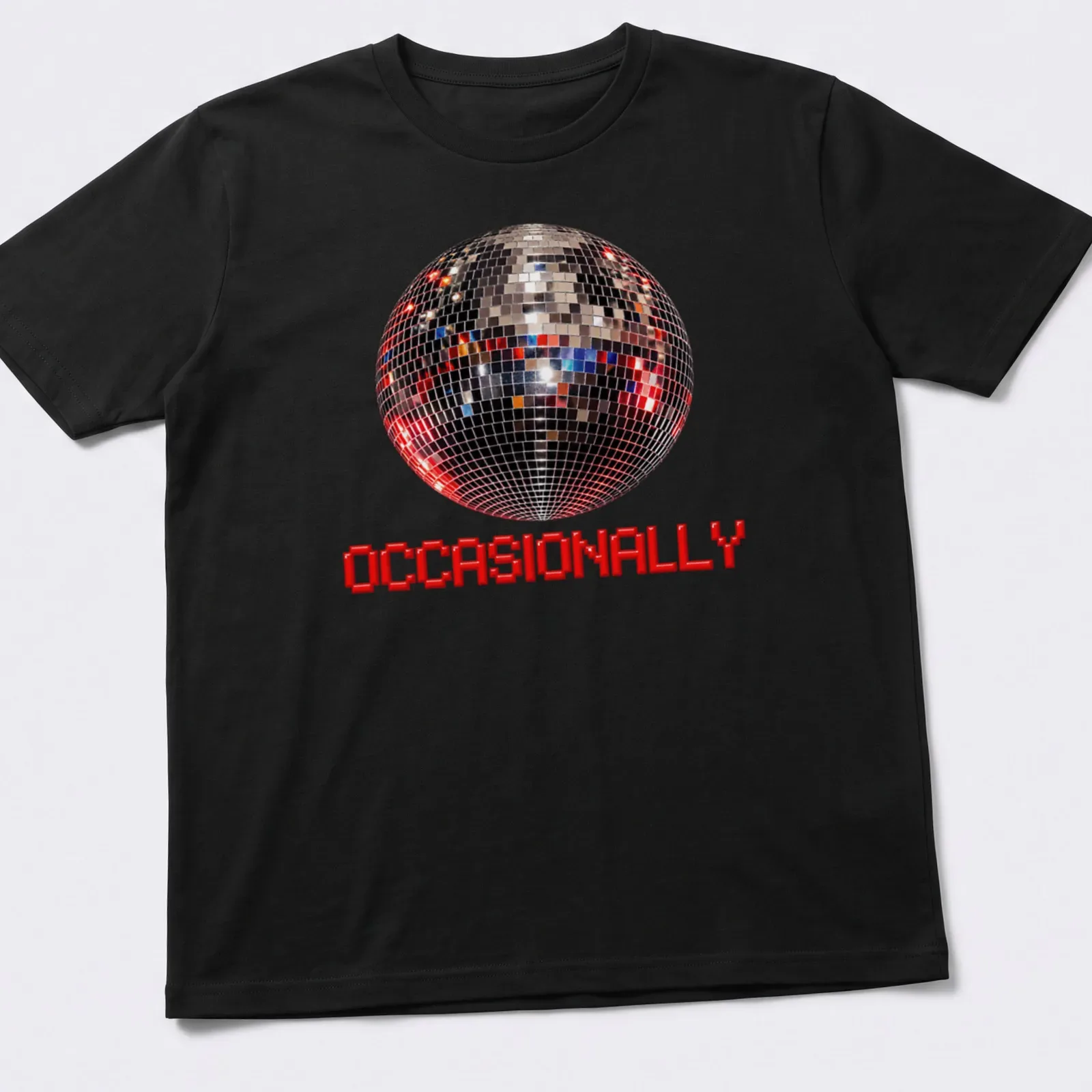 Glossy disco ball illustration with the text 'OCCASIONALLY' in a playful font — printed on a unisex t-shirt