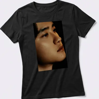 Realistic portrait of a male figure with detailed skin tones — printed on a women's shirt