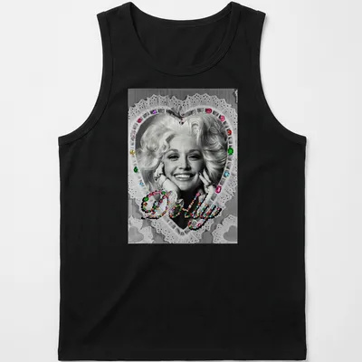 Vintage glam Dolly Parton t-shirt with colorful heart design around the name. — printed on a tank top