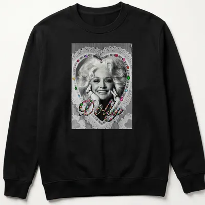 Vintage glam Dolly Parton t-shirt with colorful heart design around the name. — printed on a unisex sweatshirt