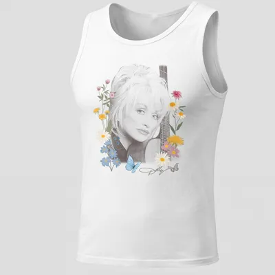Portrait of Dolly Parton surrounded by flowers and butterflies in vibrant colors — printed on a tank top