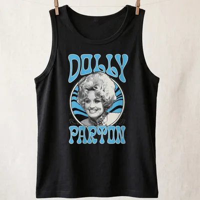 Retro t-shirt featuring Dolly Parton in blue and white design — printed on a tank top