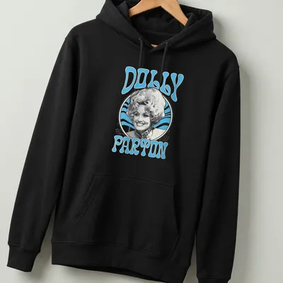 Retro t-shirt featuring Dolly Parton in blue and white design — printed on a unisex hoodie