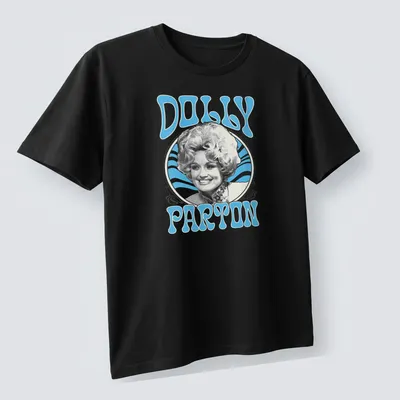 Retro t-shirt featuring Dolly Parton in blue and white design — printed on a unisex t-shirt (angled view)