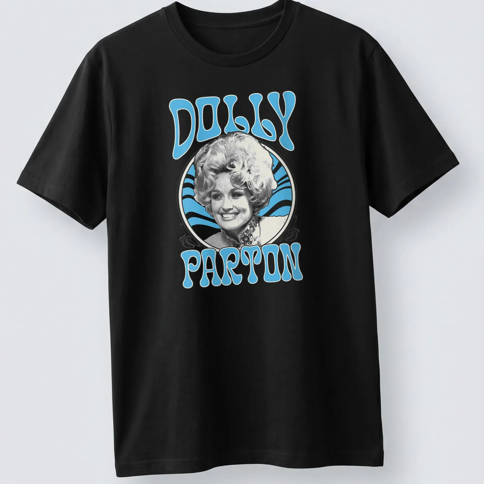 Retro t-shirt featuring Dolly Parton in blue and white design — printed on a unisex t-shirt