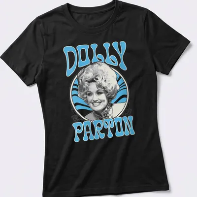 Retro t-shirt featuring Dolly Parton in blue and white design — printed on a women's shirt