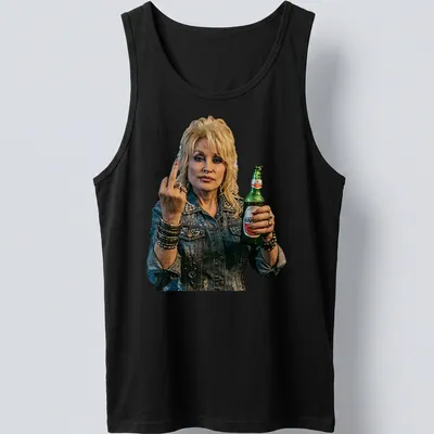 Vintage rock t-shirt featuring Dolly Parton in a stylized illustration — printed on a tank top