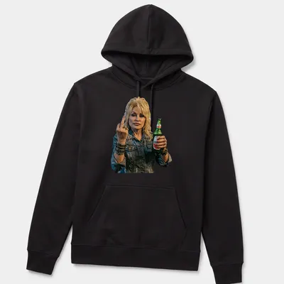Vintage rock t-shirt featuring Dolly Parton in a stylized illustration — printed on a unisex hoodie