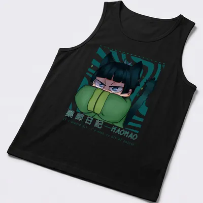 Anime-style doodle cat with humorous text about dying of poison — printed on a tank top