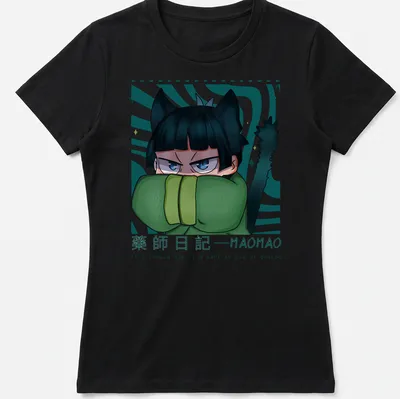 Anime-style doodle cat with humorous text about dying of poison — printed on a women's shirt
