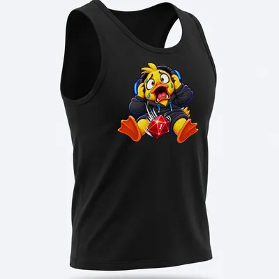 Cartoon duck in headphones with the text Critical Failure in bright colors — printed on a tank top