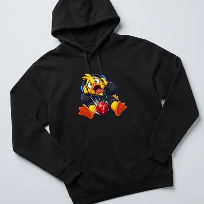 Cartoon duck in headphones with the text Critical Failure in bright colors — printed on a unisex hoodie