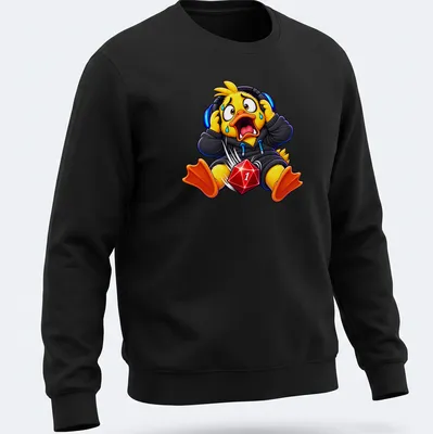 Cartoon duck in headphones with the text Critical Failure in bright colors — printed on a unisex sweatshirt