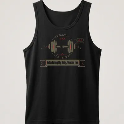 Modern tech-inspired graphic tee with dumbbell and motivational text in earthy tones — printed on a tank top