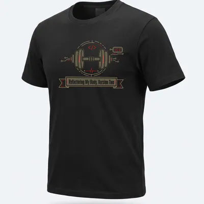 Modern tech-inspired graphic tee with dumbbell and motivational text in earthy tones