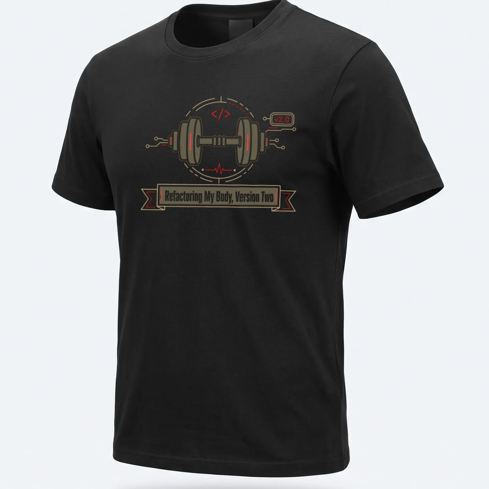 Modern tech-inspired graphic tee with dumbbell and motivational text in earthy tones — printed on a unisex t-shirt