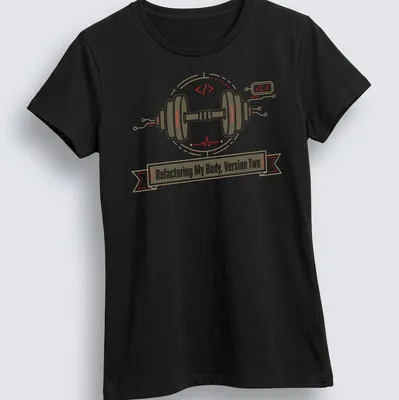 Modern tech-inspired graphic tee with dumbbell and motivational text in earthy tones — printed on a women's shirt
