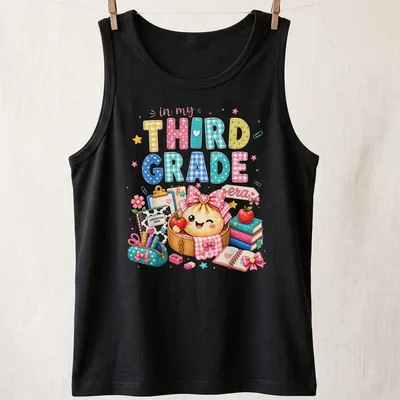 Kawaii style t-shirt featuring a dumpling girl and text about third grade. — printed on a tank top