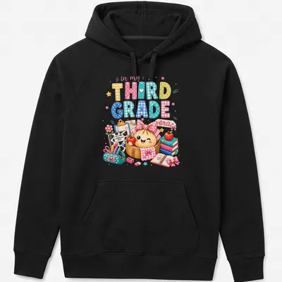 Kawaii style t-shirt featuring a dumpling girl and text about third grade. — printed on a unisex hoodie