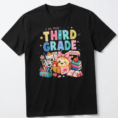 Kawaii style t-shirt featuring a dumpling girl and text about third grade.