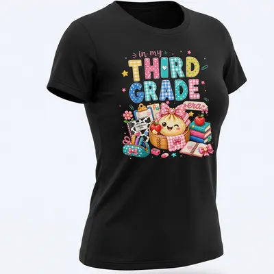 Kawaii style t-shirt featuring a dumpling girl and text about third grade. — printed on a women's shirt