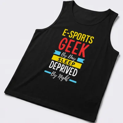 Colorful E-Sports Geek t-shirt with playful typography — printed on a tank top