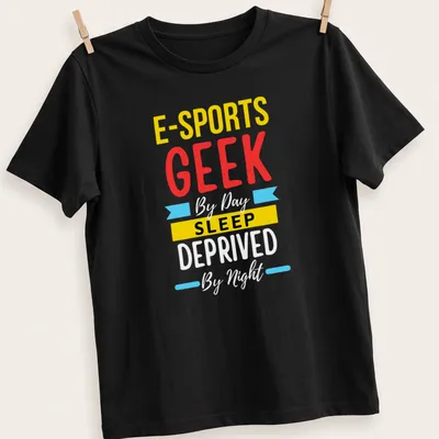 Colorful E-Sports Geek t-shirt with playful typography