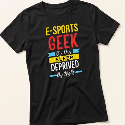 Colorful E-Sports Geek t-shirt with playful typography — printed on a women's shirt
