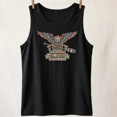 Vintage eagle graphic with 'Lake America Social Club' printed in red, blue, and cream — printed on a tank top