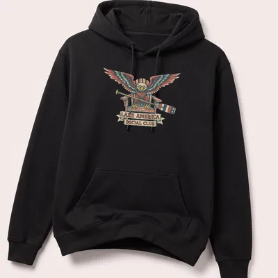 Vintage eagle graphic with 'Lake America Social Club' printed in red, blue, and cream — printed on a unisex hoodie