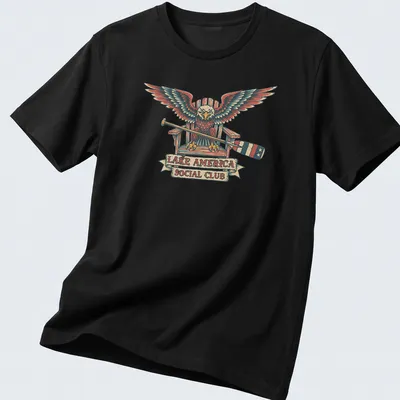 Vintage eagle graphic with 'Lake America Social Club' printed in red, blue, and cream — printed on a unisex t-shirt