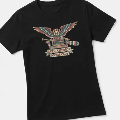 Vintage eagle graphic with 'Lake America Social Club' printed in red, blue, and cream — printed on a women's shirt