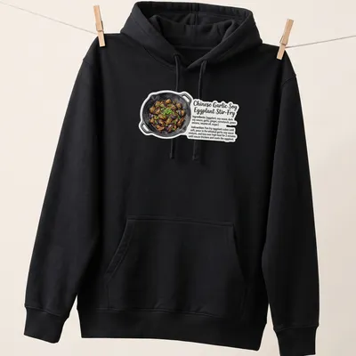 Illustrative Eggplant Stir Fry t-shirt with vibrant colors and playful text. — printed on a unisex hoodie