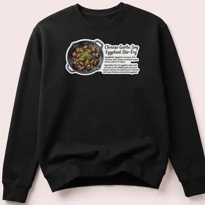 Illustrative Eggplant Stir Fry t-shirt with vibrant colors and playful text. — printed on a unisex sweatshirt