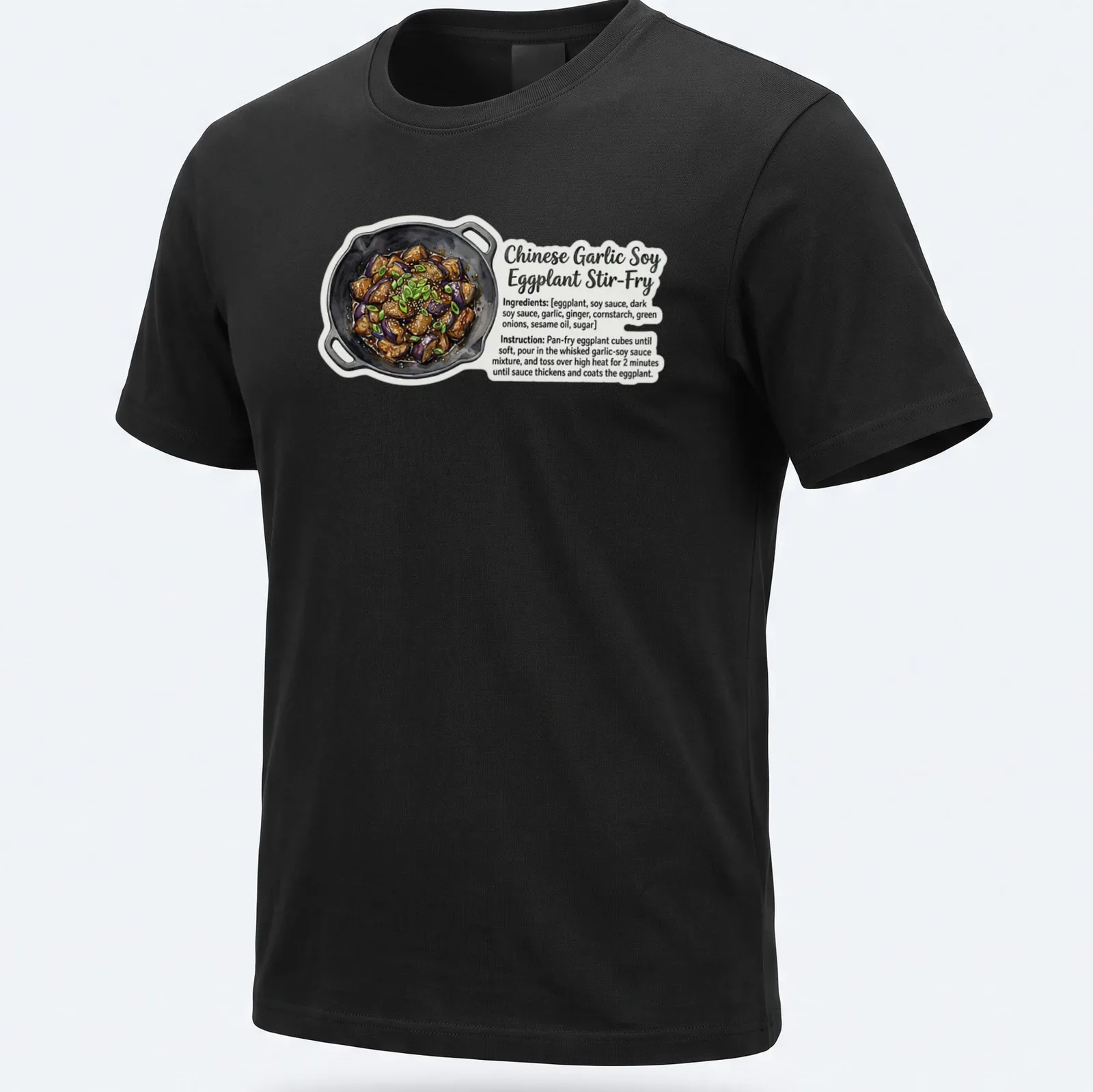 Illustrative Eggplant Stir Fry t-shirt with vibrant colors and playful text. — printed on a unisex t-shirt
