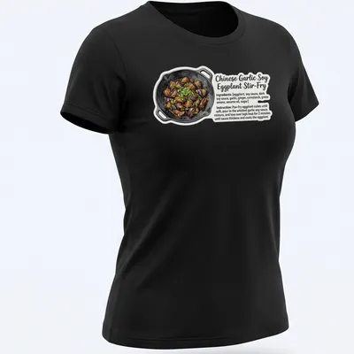 Illustrative Eggplant Stir Fry t-shirt with vibrant colors and playful text. — printed on a women's shirt