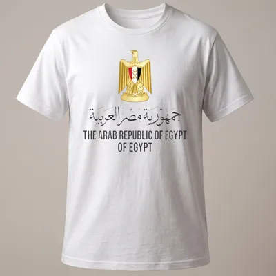 Egyptian emblem with flag in gold, black, red, and white typography