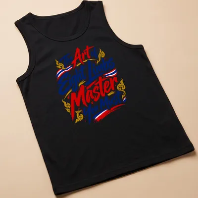 Bold typography t-shirt featuring the phrase about mastering Eight Limbs in red, blue, gold, and white. — printed on a tank top