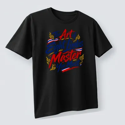 Bold typography t-shirt featuring the phrase about mastering Eight Limbs in red, blue, gold, and white. — printed on a unisex t-shirt (angled view)
