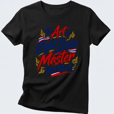 Bold typography t-shirt featuring the phrase about mastering Eight Limbs in red, blue, gold, and white. — printed on a women's shirt