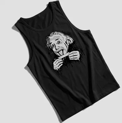Black and white illustration of Einstein sticking out his tongue with splatter effect — printed on a tank top