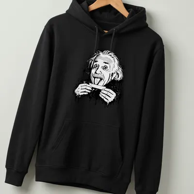 Black and white illustration of Einstein sticking out his tongue with splatter effect — printed on a unisex hoodie