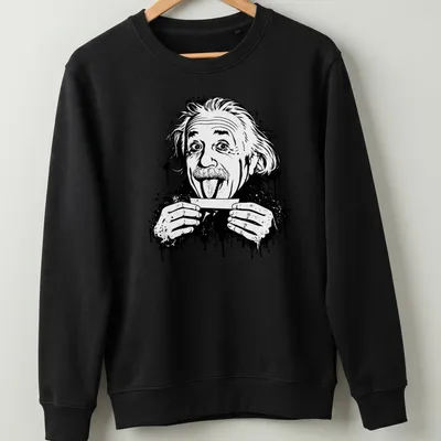 Black and white illustration of Einstein sticking out his tongue with splatter effect — printed on a unisex sweatshirt