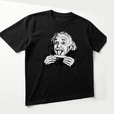 Black and white illustration of Einstein sticking out his tongue with splatter effect — printed on a unisex t-shirt (angled view)