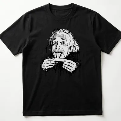 Black and white illustration of Einstein sticking out his tongue with splatter effect — printed on a unisex t-shirt